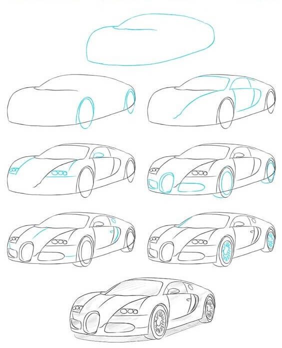 How to draw Bugati supercar