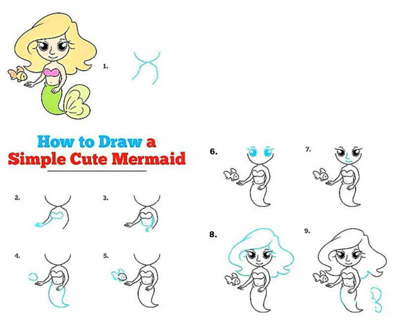 How to draw A Simple Cute Mermaid step by step Drawing Photos