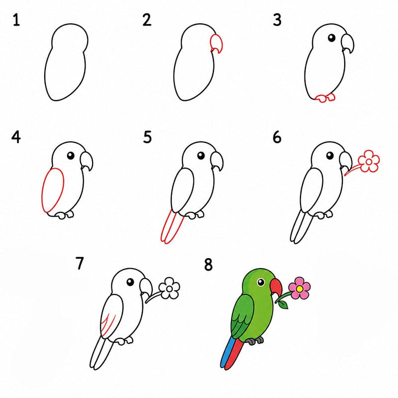 Parrot with flower Drawing Ideas