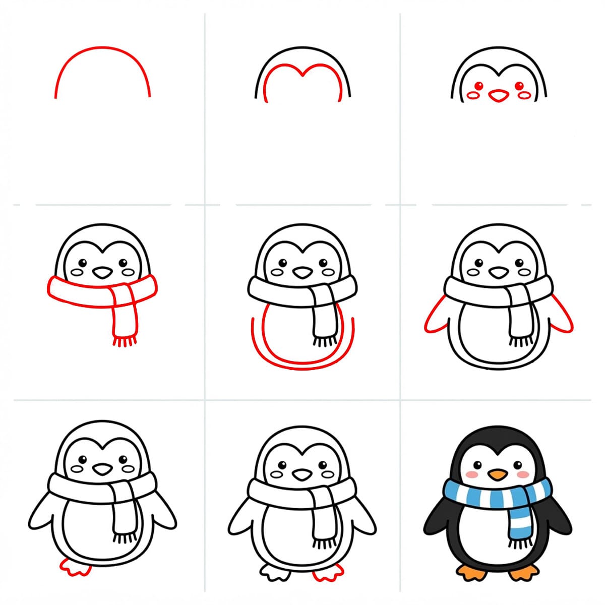 How to draw Penguin wearing scarf