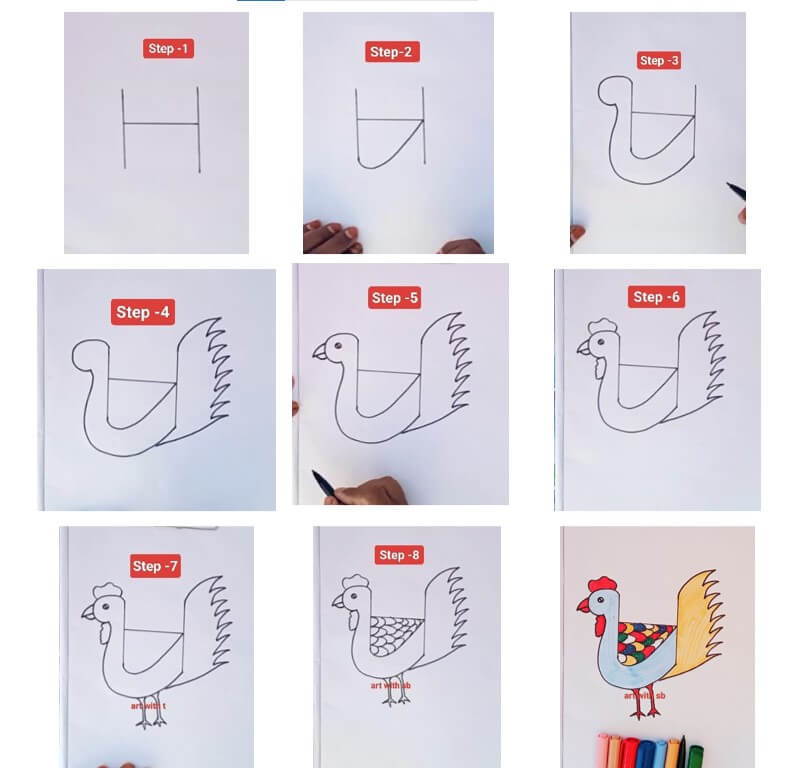 How to draw Draw a chicken from the letter H