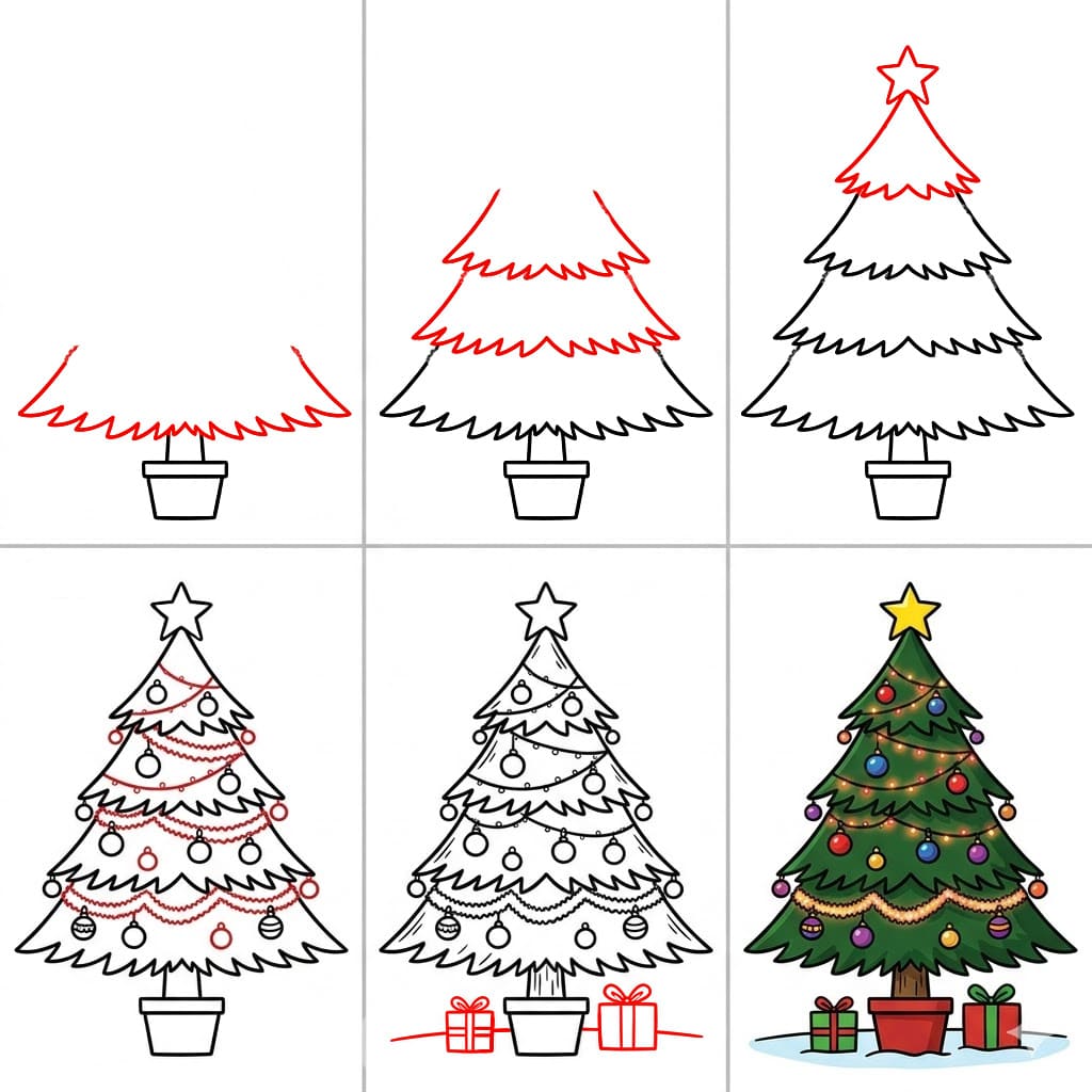 Christmas tree with Gift Boxes Drawing Ideas