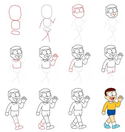 How to draw Nobita goes for a walk