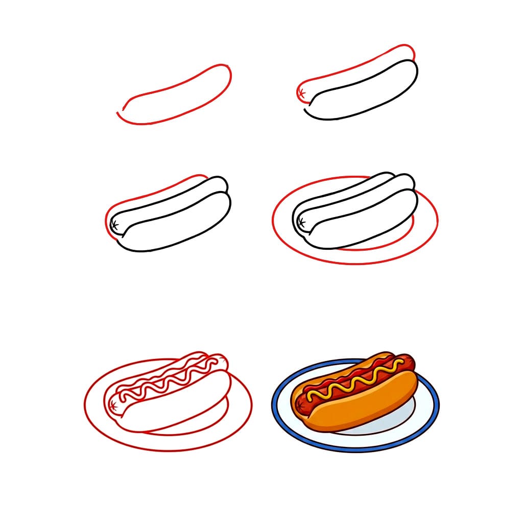 Nice Hot Dog on Plate Drawing Ideas