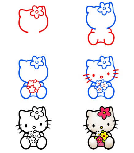 How to draw Hello kitty holding flowers