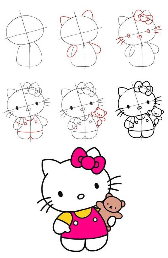 How to draw Hello kitty hugs the bear
