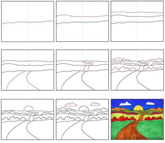 Sunset on the meadow (1) Drawing Ideas