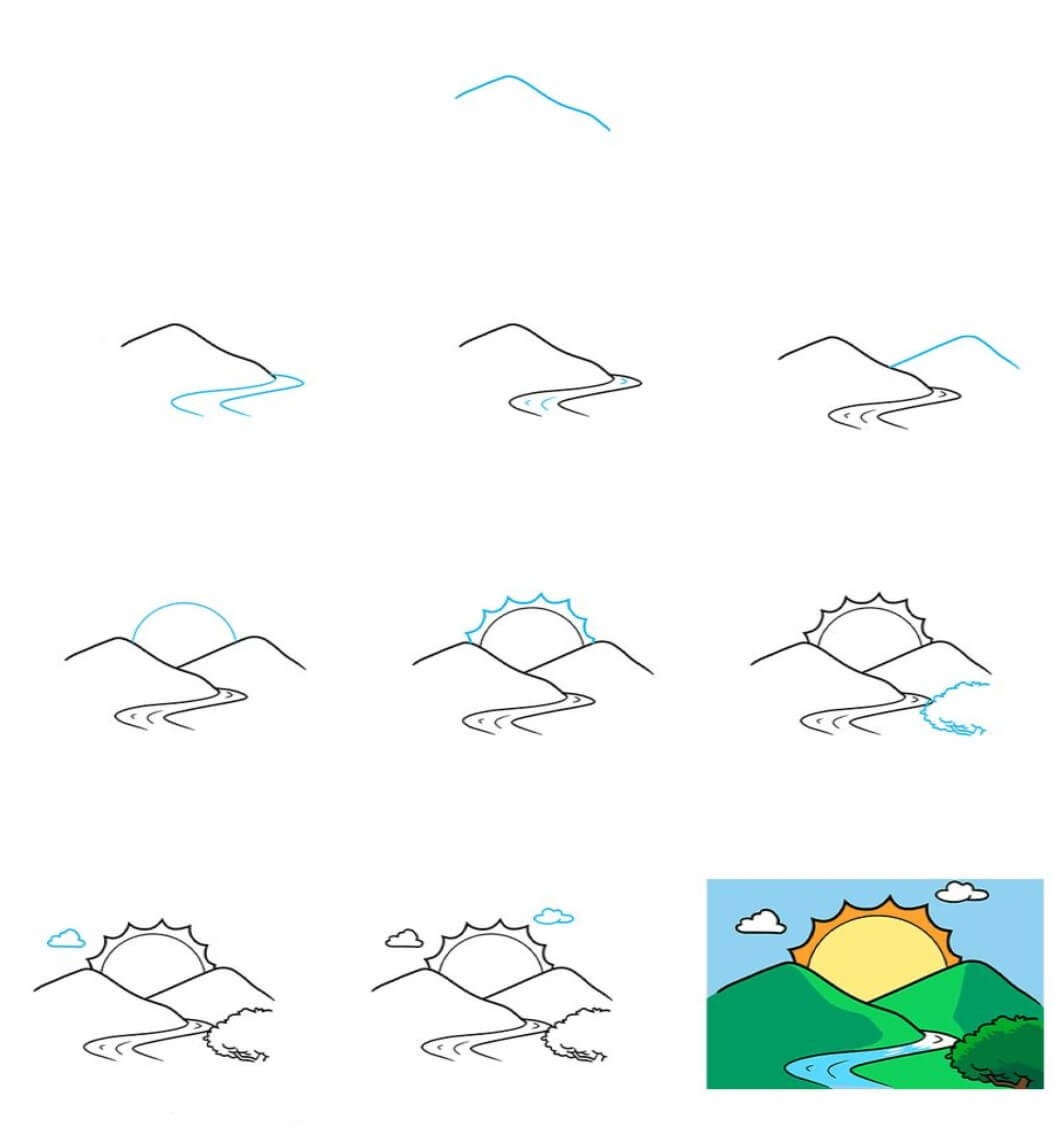 The sun rises behind the mountain Drawing Ideas