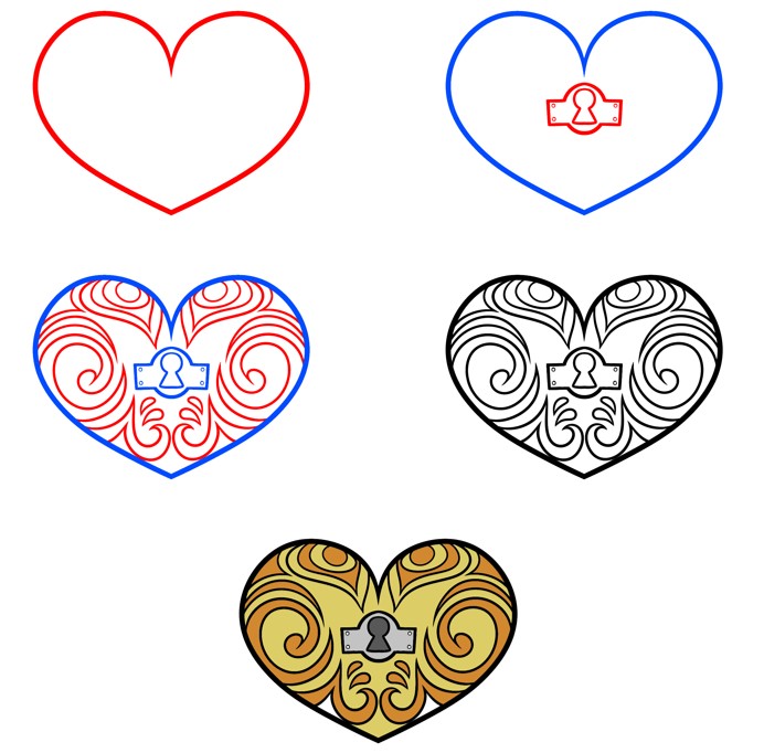 How to draw heart shaped lock (2)