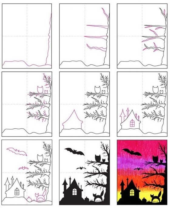 How to draw Halloween house (1)