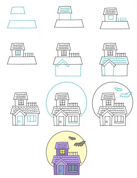 How to draw Halloween house (3)