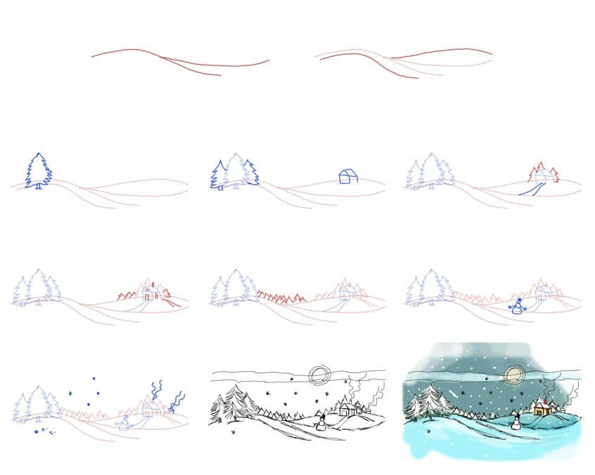 How to draw Winter landscape (15)