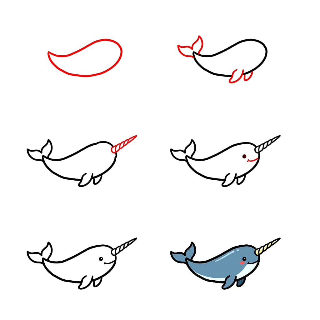 Smiling Cute Narwhal Drawing Ideas
