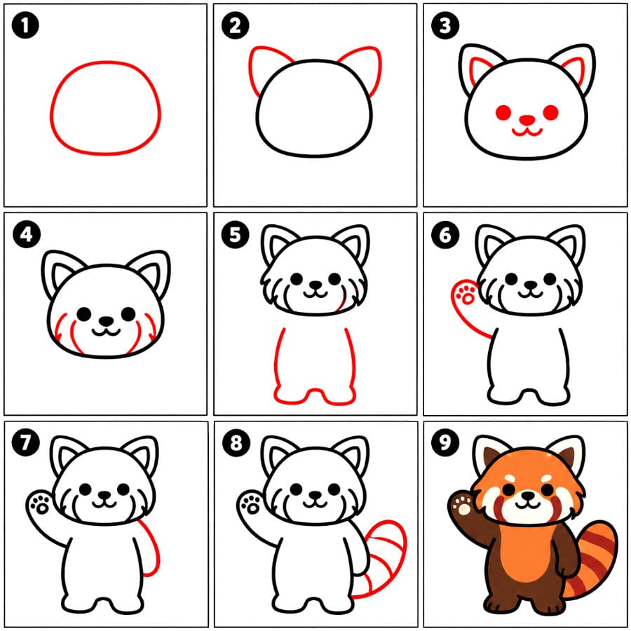 Red Panda waving Drawing Ideas