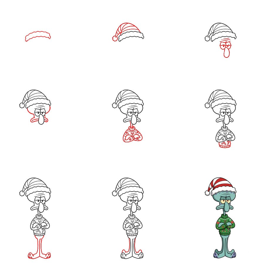 Squidward with a Santa hat Drawing Ideas