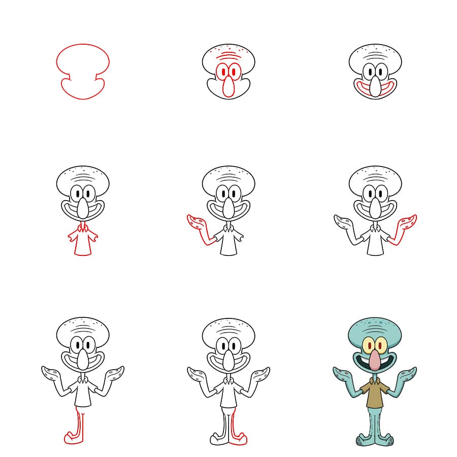 Squidward with a big smile Drawing Ideas