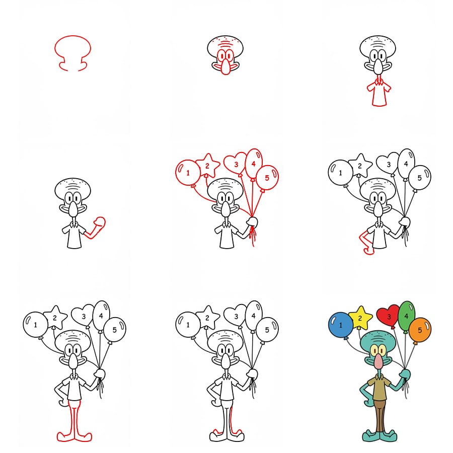 Squidward with balloons Drawing Ideas