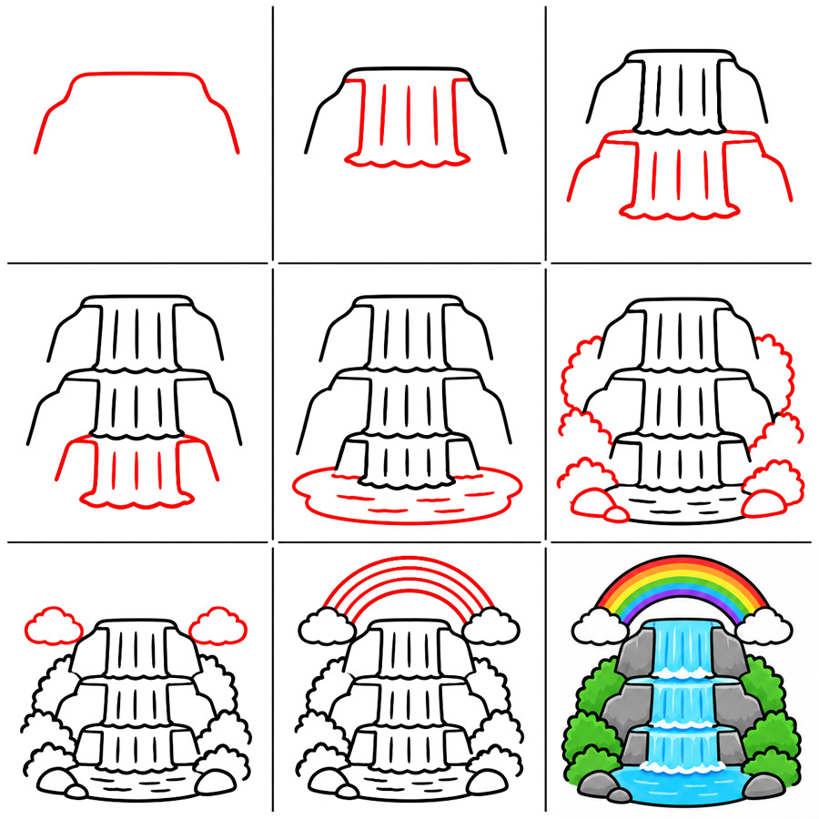 Waterfall and rainbow Drawing Ideas