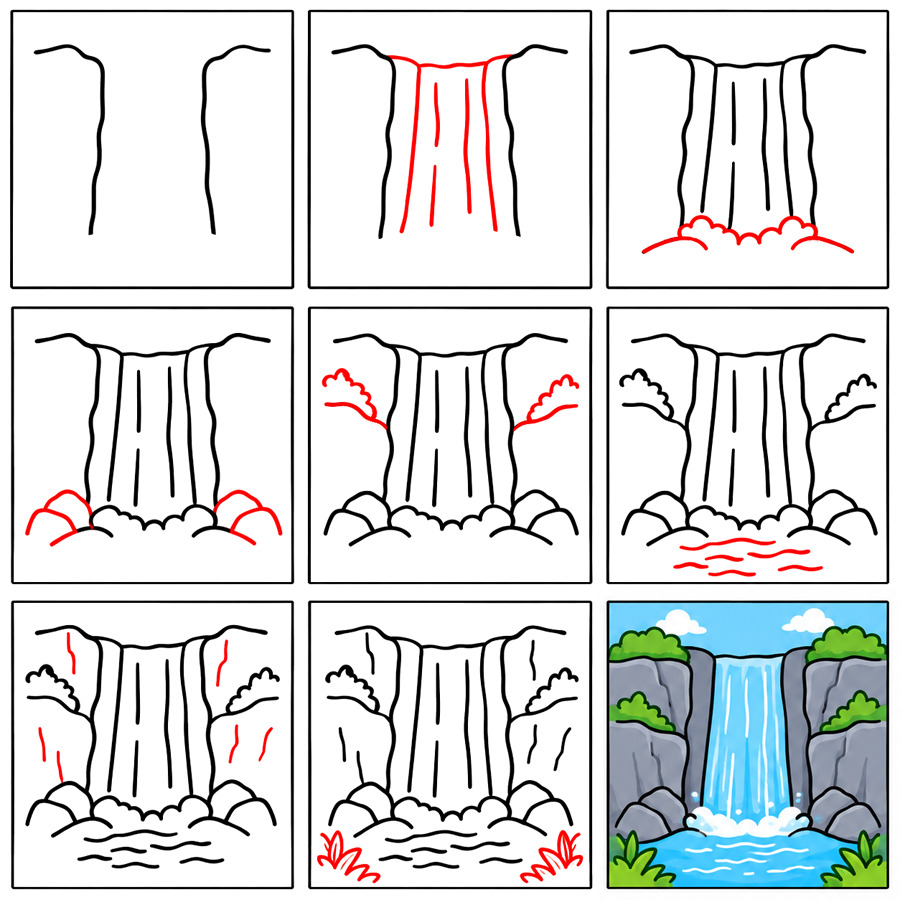 Waterfall in Jungle Drawing Ideas