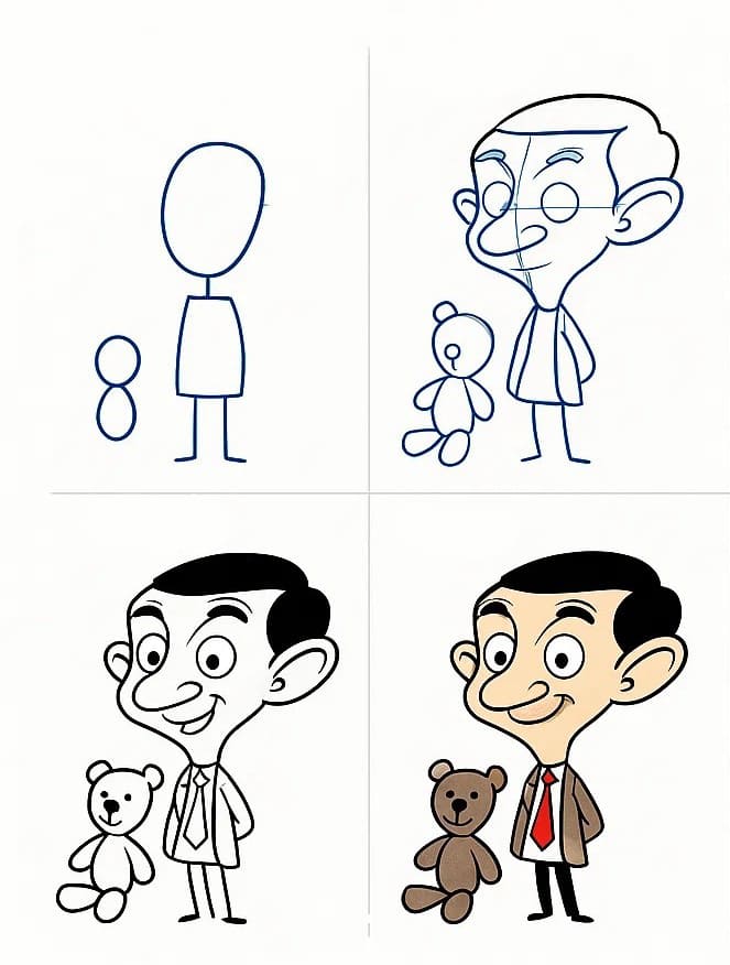 Mr. Bean with Teddy Bear Drawing Ideas