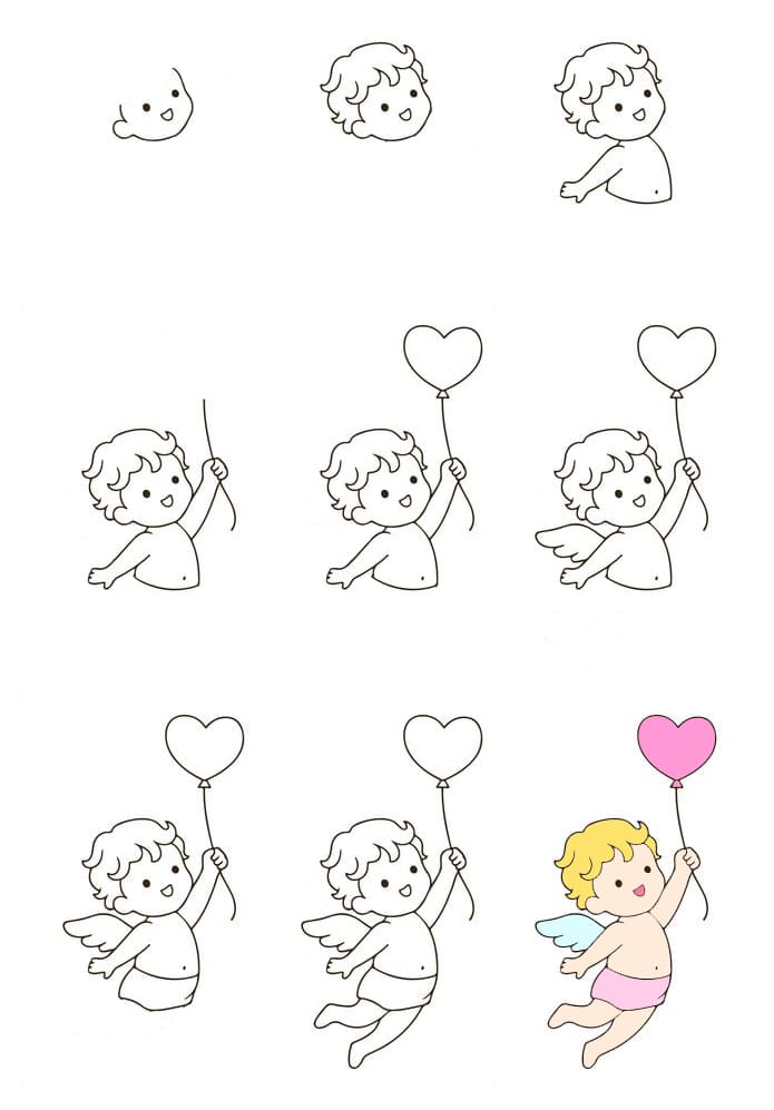 Cupid with Heart Balloon Drawing Ideas