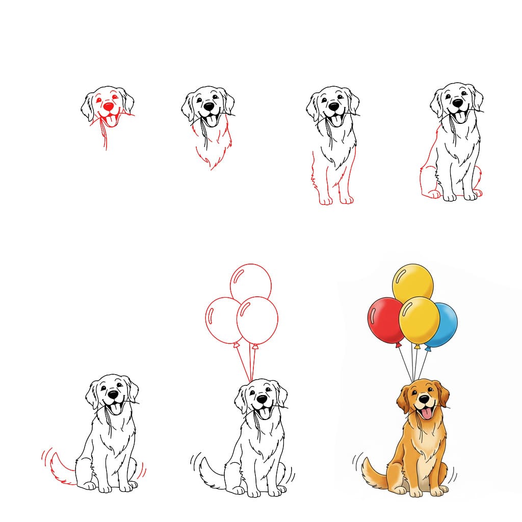 Golden Retriever and balloons Drawing Ideas