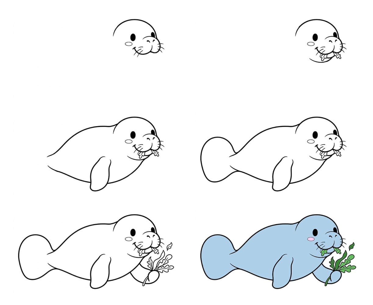 Manatee eating seaweed Drawing Ideas