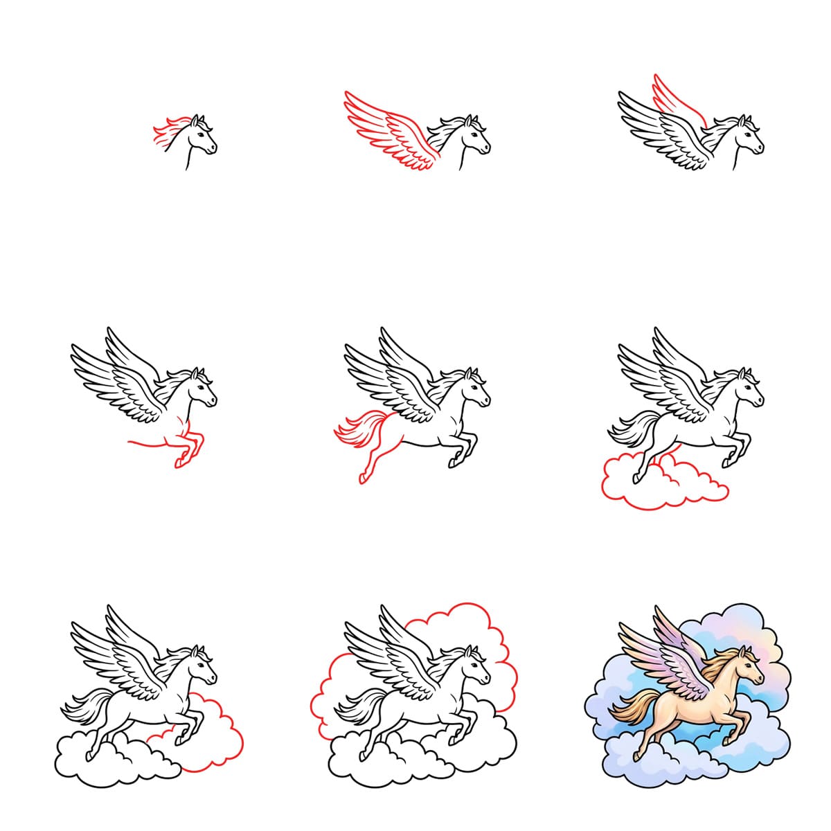 Pegasus flying among clouds Drawing Ideas