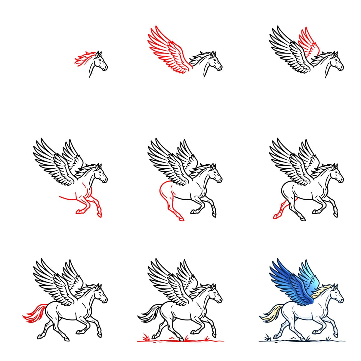 Pegasus with blue wings Drawing Ideas