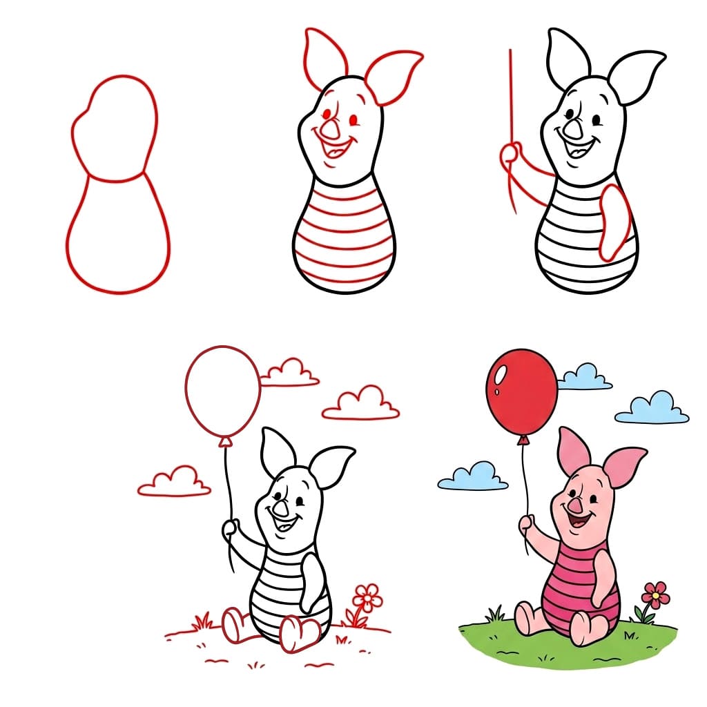 Piglet and balloon Drawing Ideas