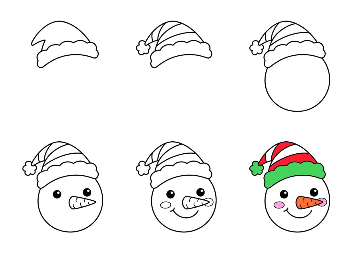 Snowman Face wearing Santa hat Drawing Ideas