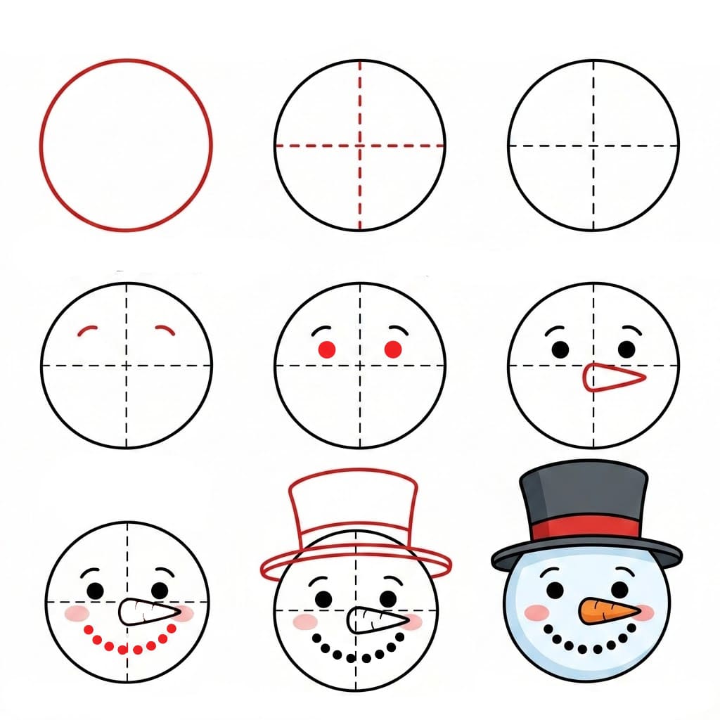 Snowman Face with a hat Drawing Ideas