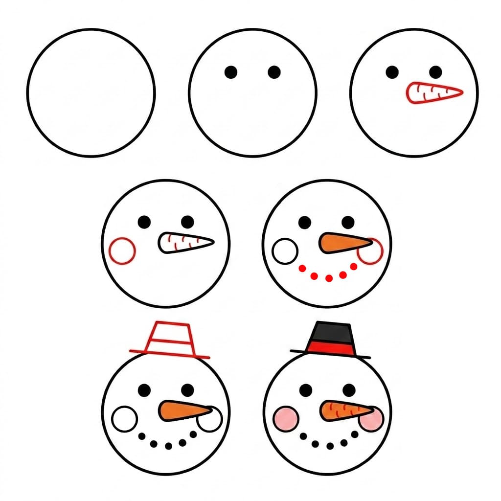 Snowman Face with a small hat Drawing Ideas