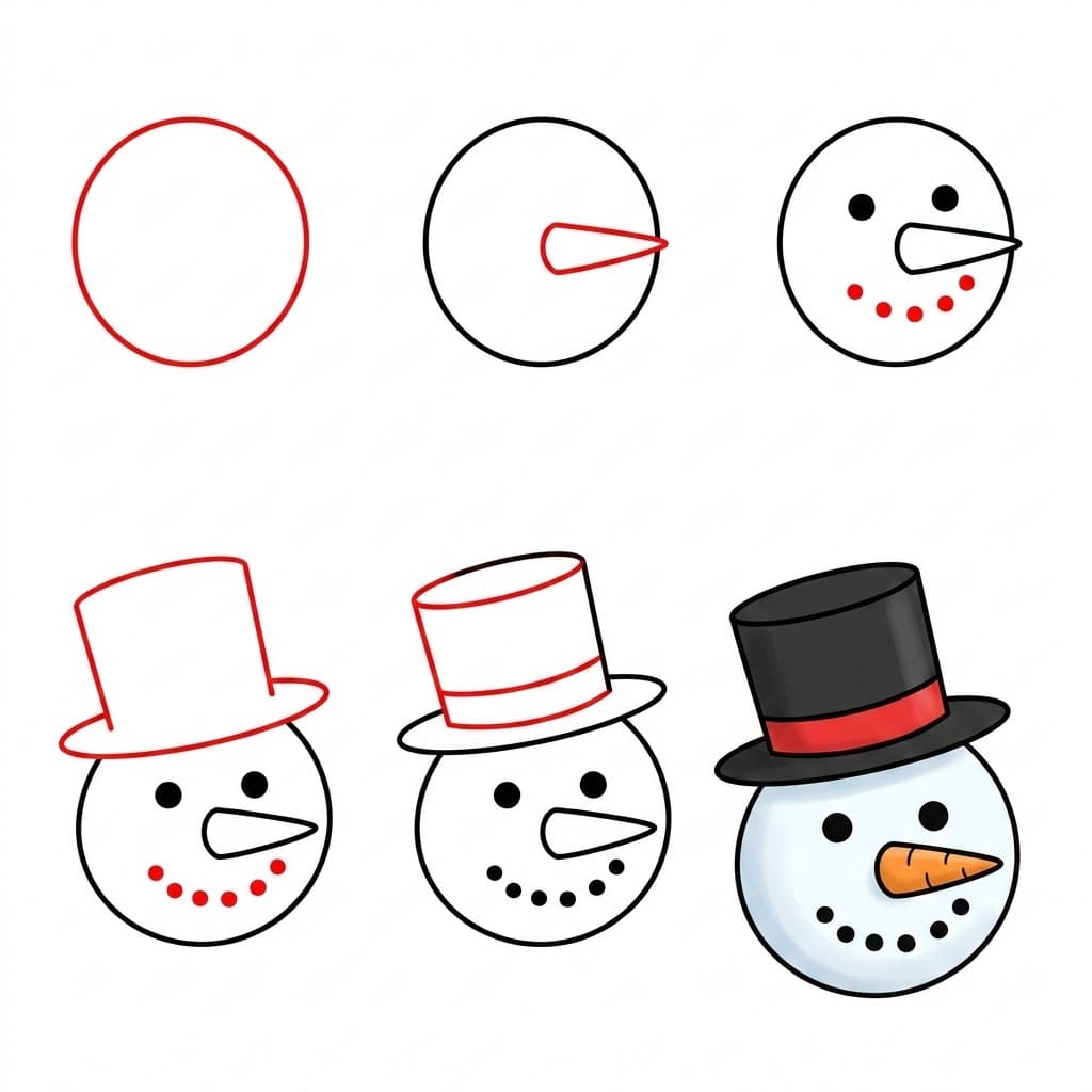 Snowman Face with a tall hat Drawing Ideas