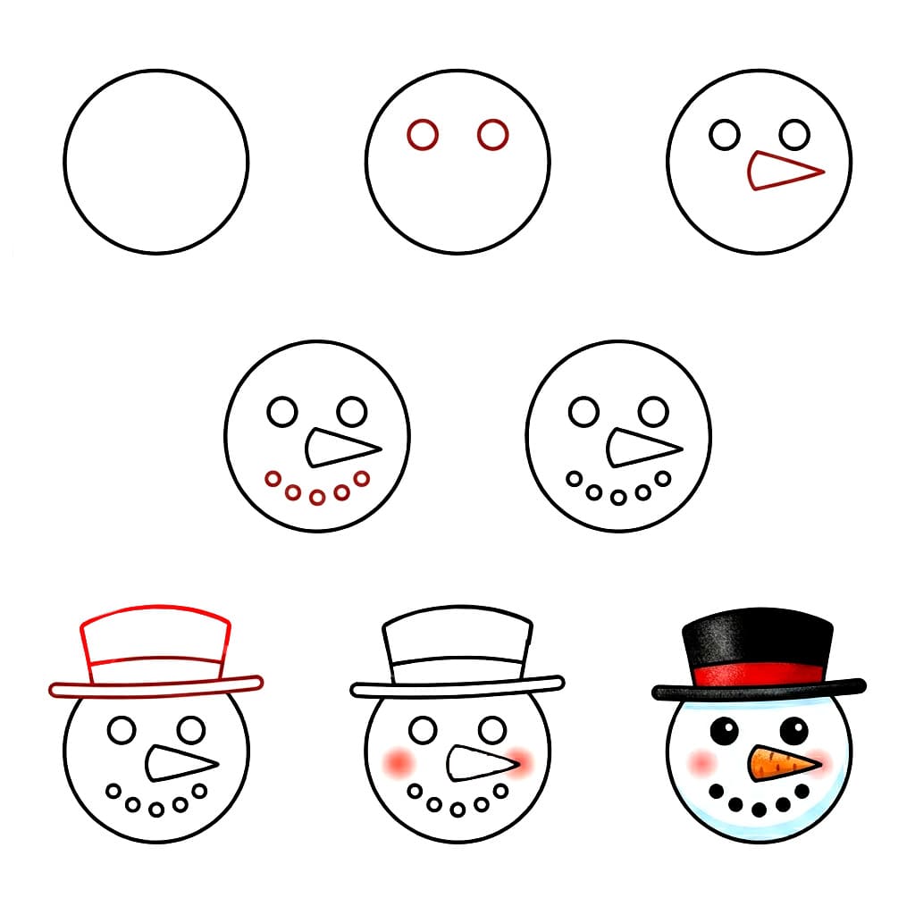 Snowman Face with a top hat Drawing Ideas