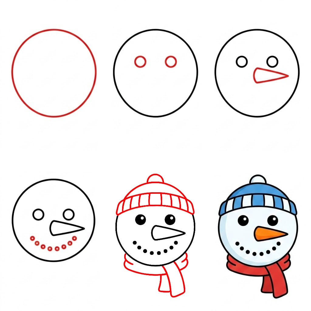 Snowman Face with scaft and beanie Drawing Ideas