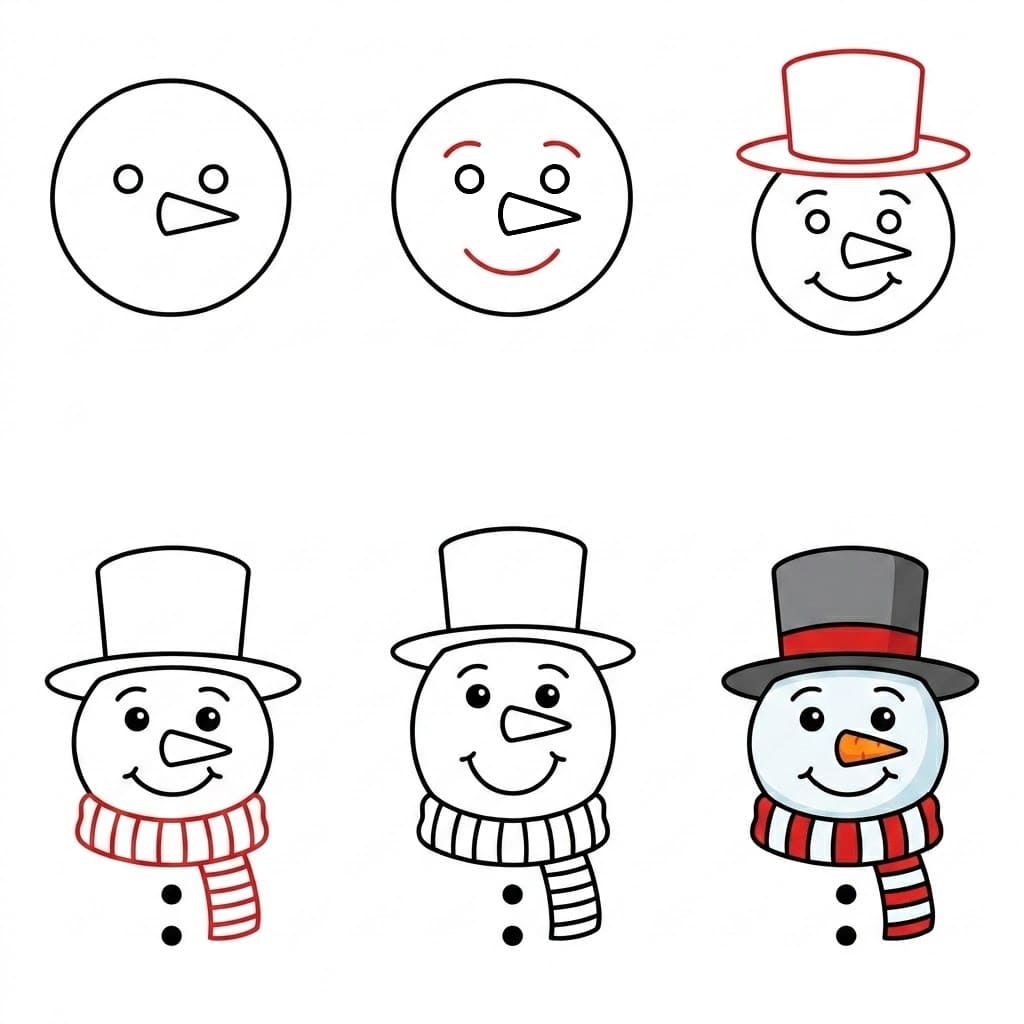 Snowman Face with scaft and top hat Drawing Ideas
