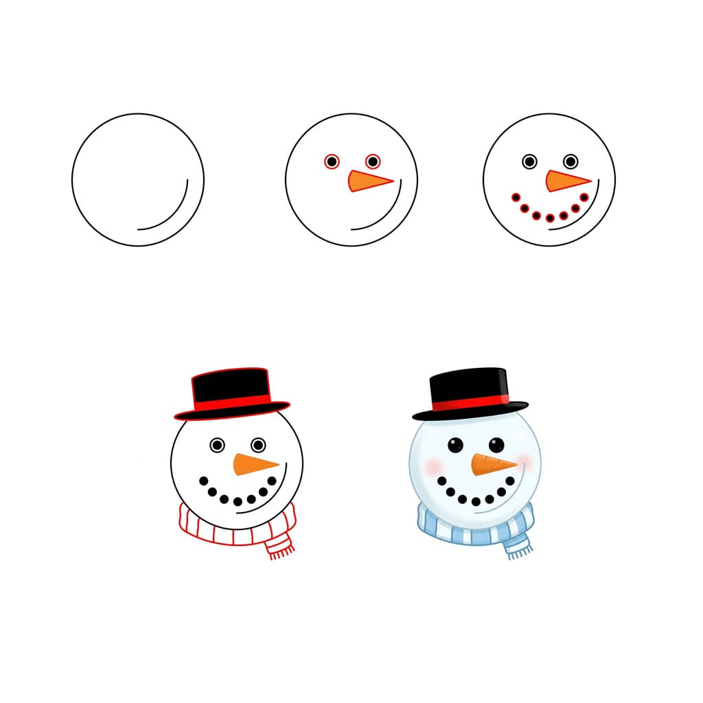 Snowman Face with top hat and scaft Drawing Ideas