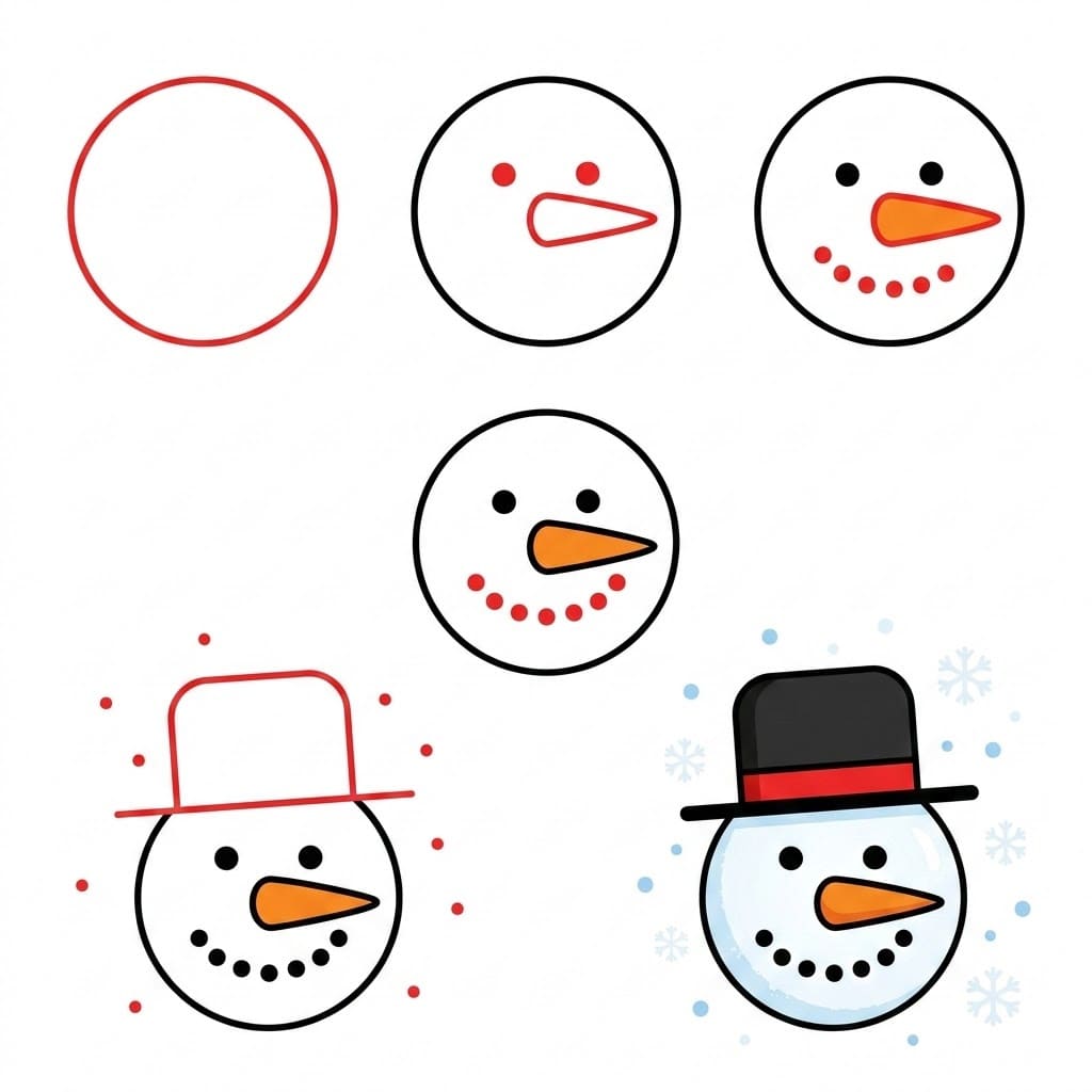 Snowman Face with top hat Drawing Ideas