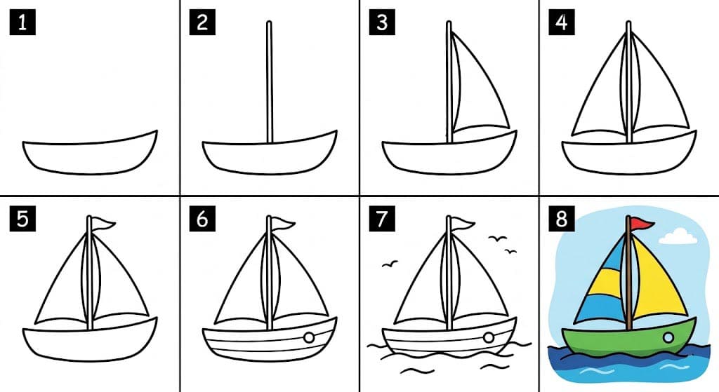 A cartoon sailboat Drawing Ideas