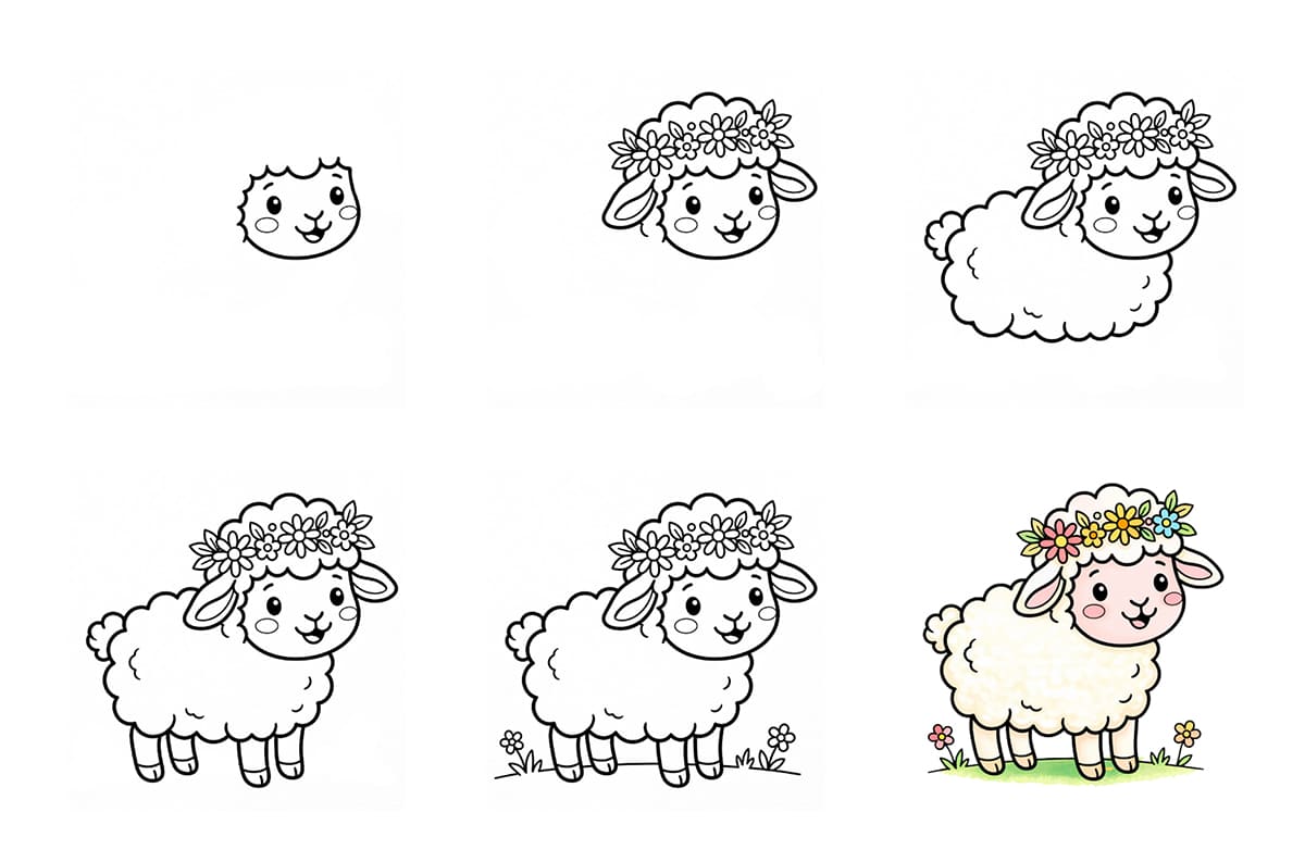 Lamb wearing a flower crown Drawing Ideas