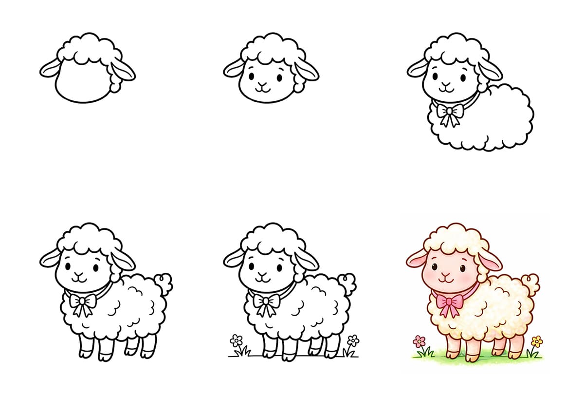 Lamb with a bow necklace Drawing Ideas