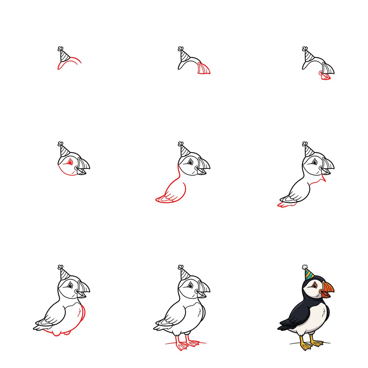 Puffin and party hat Drawing Ideas