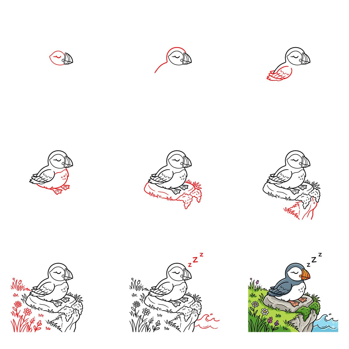 Puffin sleeping Drawing Ideas
