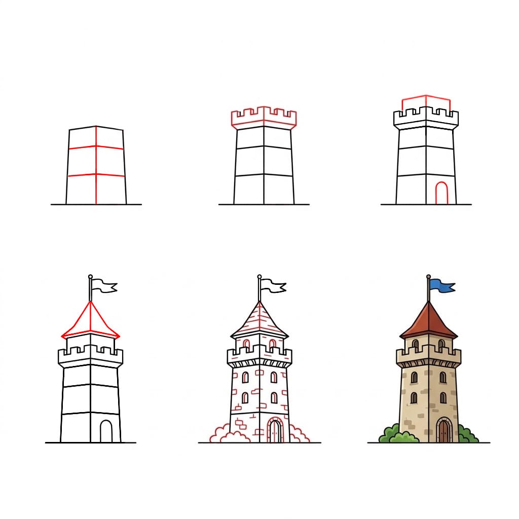 Red brick tower Drawing Ideas
