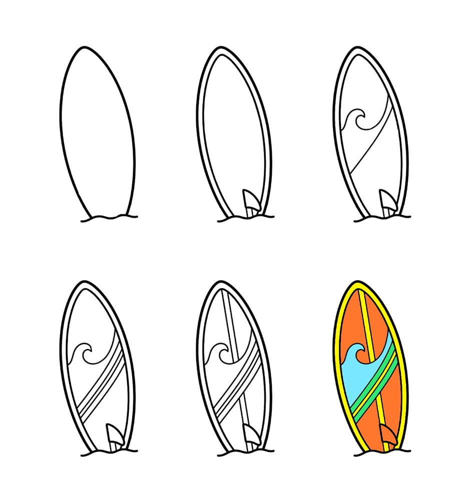 Surfboard on the beach Drawing Ideas