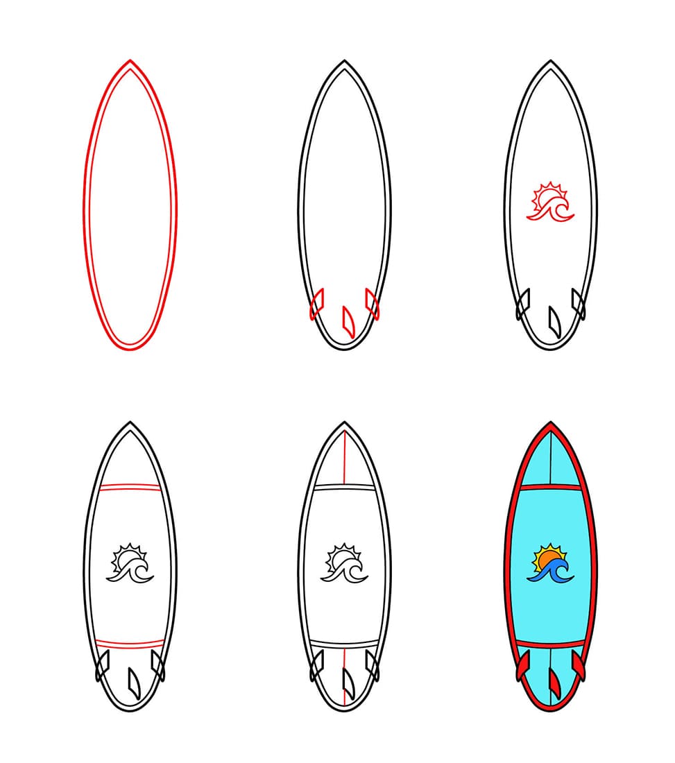 Surfboard with Waves Drawing Ideas