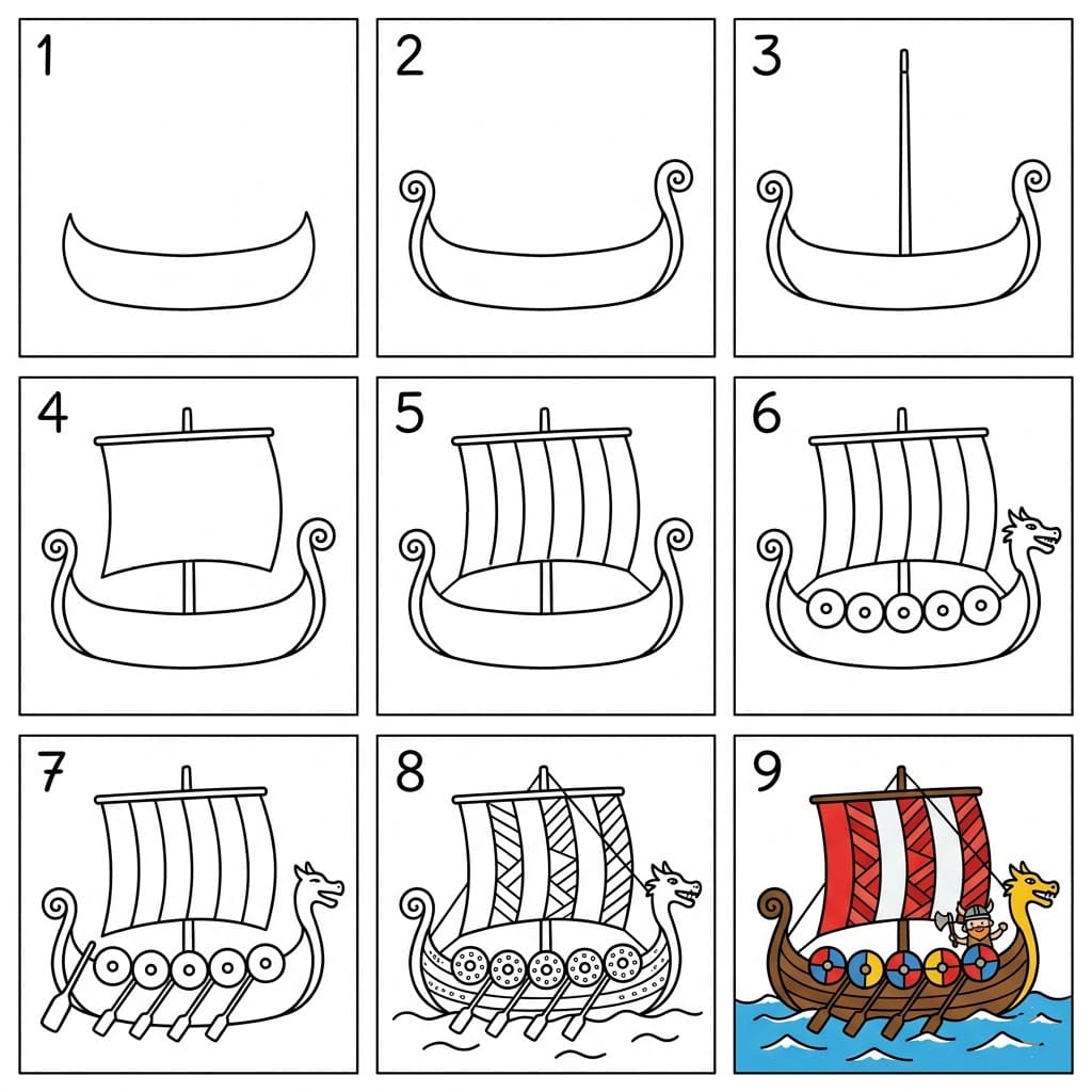 Colorful Viking ship Drawing Ideas