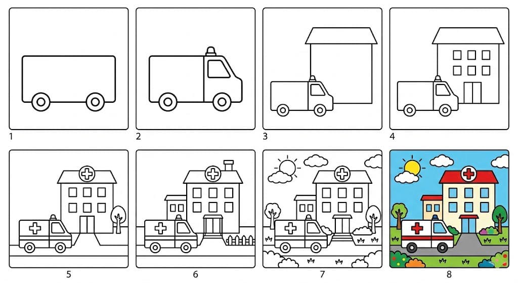 Hospital and an ambulance Drawing Ideas