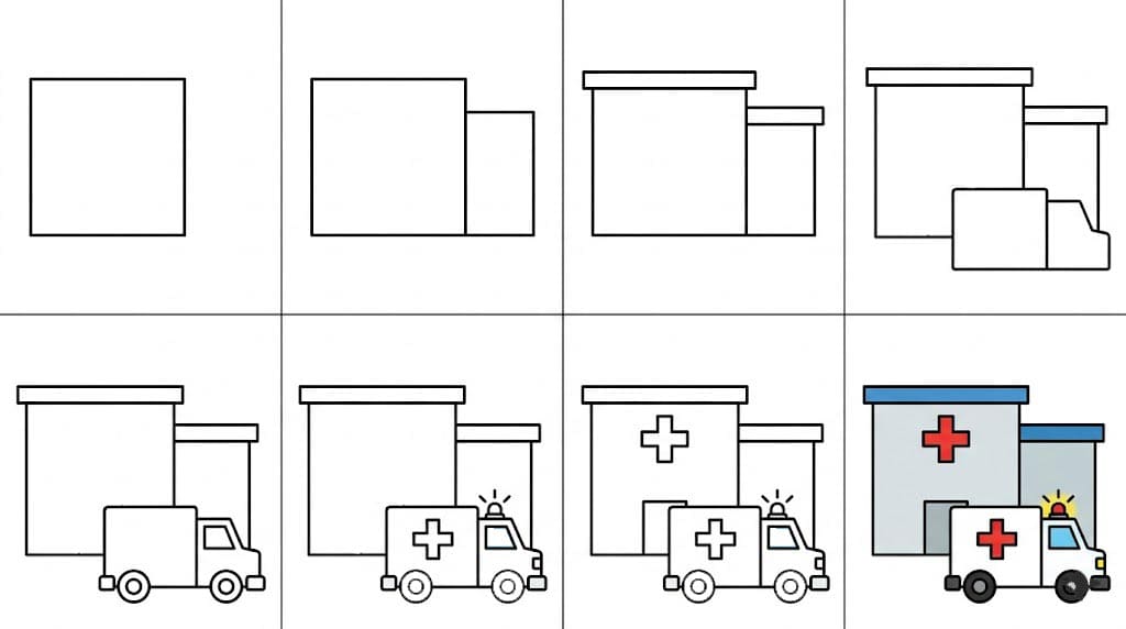 Hospital with ambulance Drawing Ideas